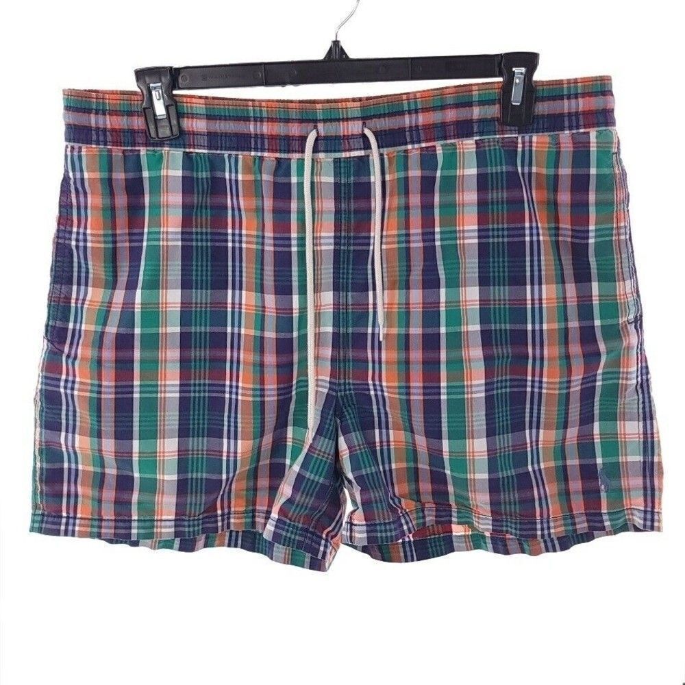 Polo Ralph Lauren Mens Large Green Purple Plaid Swimming Trunks Inner Mesh